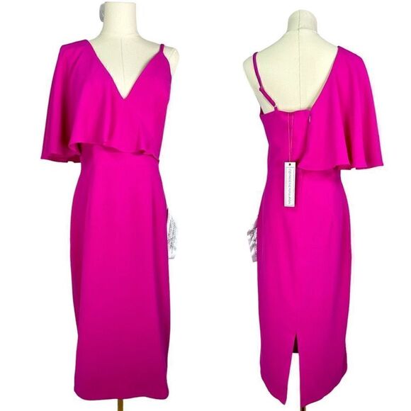 Dress The Population Beth Asymmetrical Ruffle Sleeve Dress in Bright Fuchsia ,Si - Picture 1 of 12